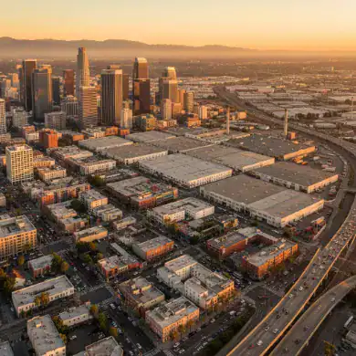 Downtown Los Angeles commercial skyline showing diverse office and industrial properties.