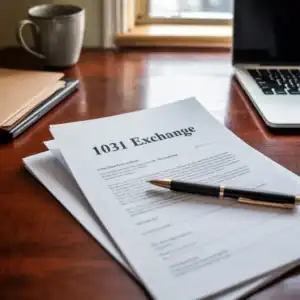Printed 1031 Exchange document on a wooden desk beside a black and gold pen, laptop, and coffee mug near a window.