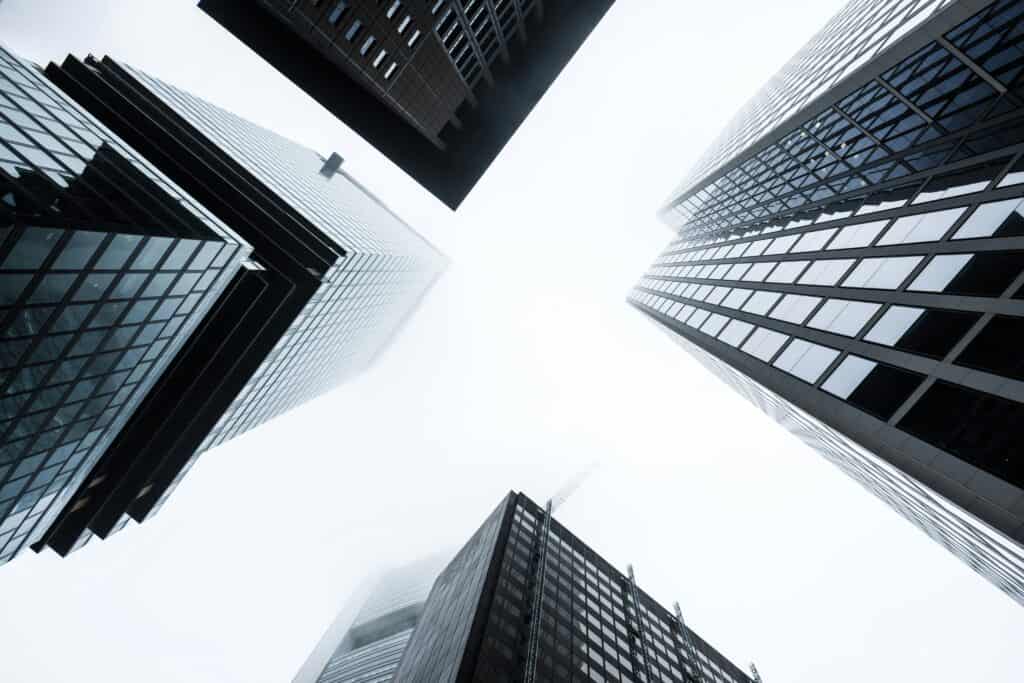 Dynamic cityscape with a focus on commercial buildings and infrastructure