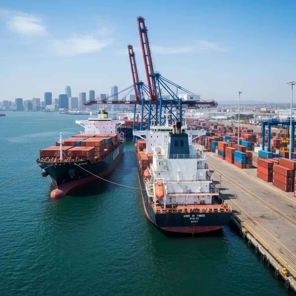 The bustling Port of Los Angeles, filled with cargo ships and containers, symbolizing robust industrial demand