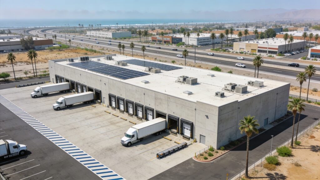 Aerial view of a Southern California industrial warehouse with dock loading bays, semi trucks, rooftop solar panels, palm trees, and a nearby freeway with the Pacific Ocean in the distance.