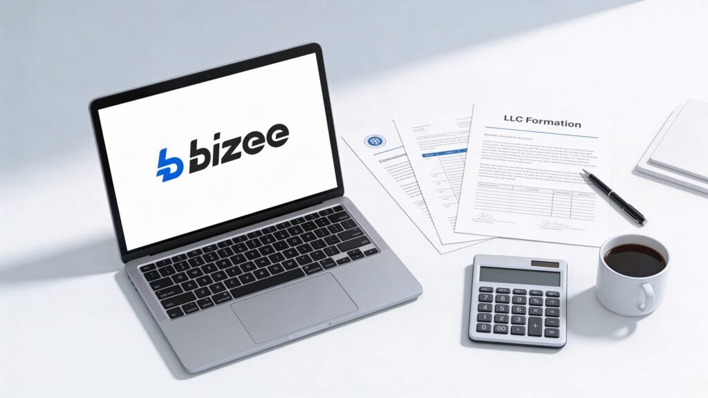 A silver laptop displaying the Bizee logo on its screen, sitting on a white desk next to LLC formation documents, a calculator, a black pen, and a cup of coffee.
