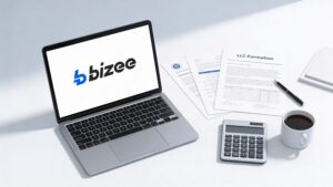 A silver laptop displaying the Bizee logo on its screen, sitting on a white desk next to LLC formation documents, a calculator, a black pen, and a cup of coffee.