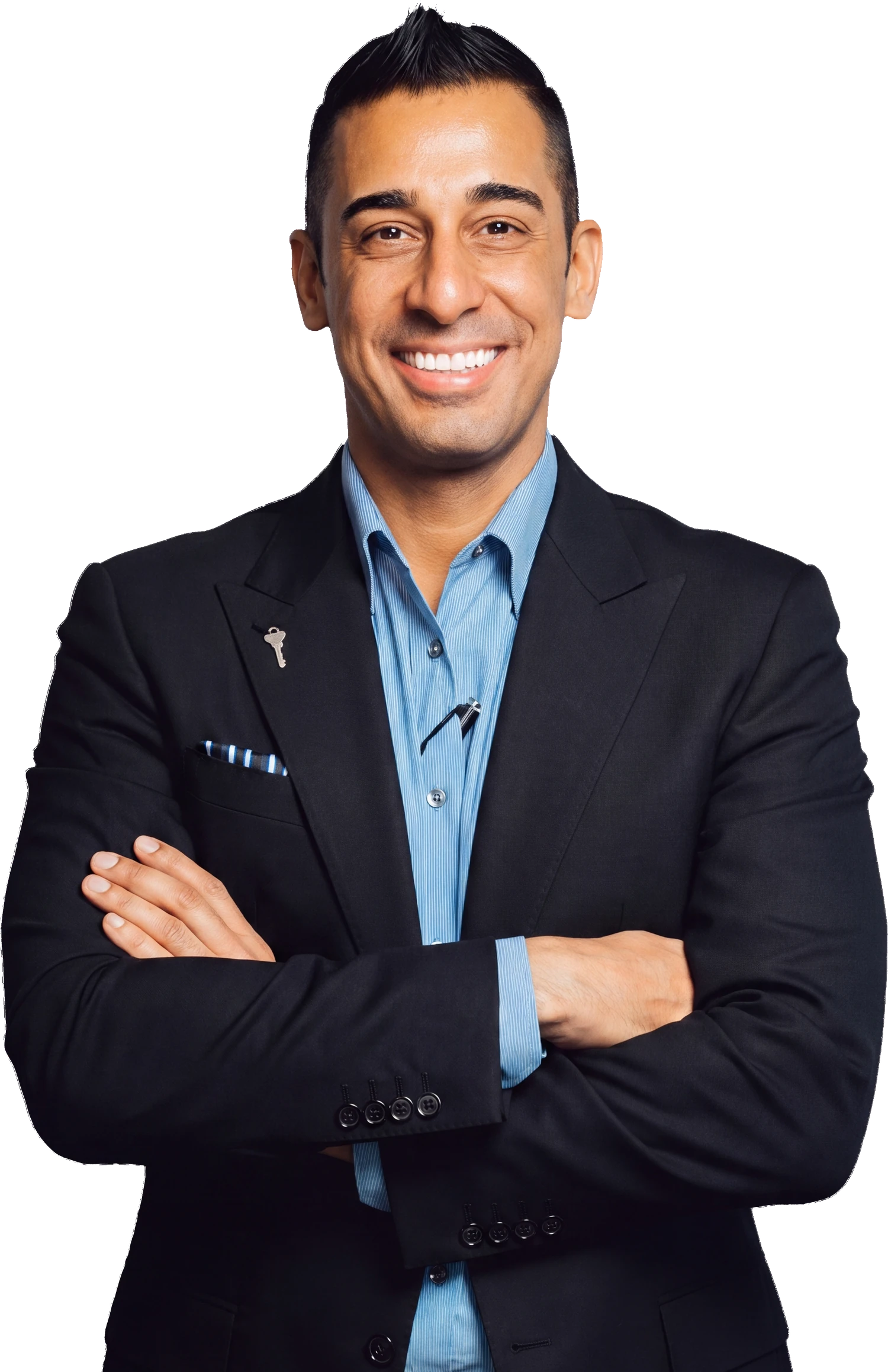 Jason Keyz, Founder and Principal Broker of KEYZ Commercial, arms crossed in a dark blazer and blue striped shirt